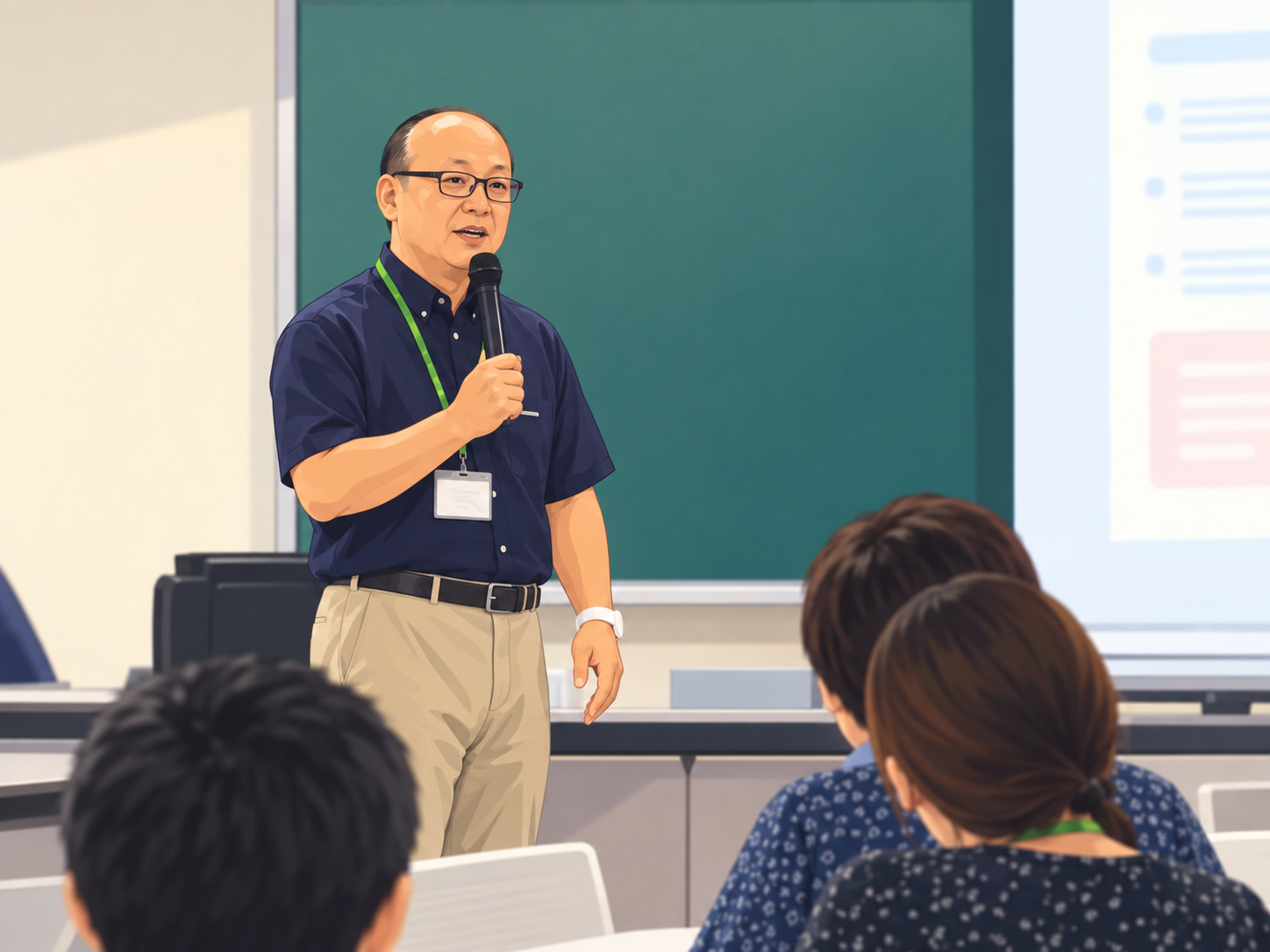 石飛守氏がAI採点について説明する様子をイラスト化した画像