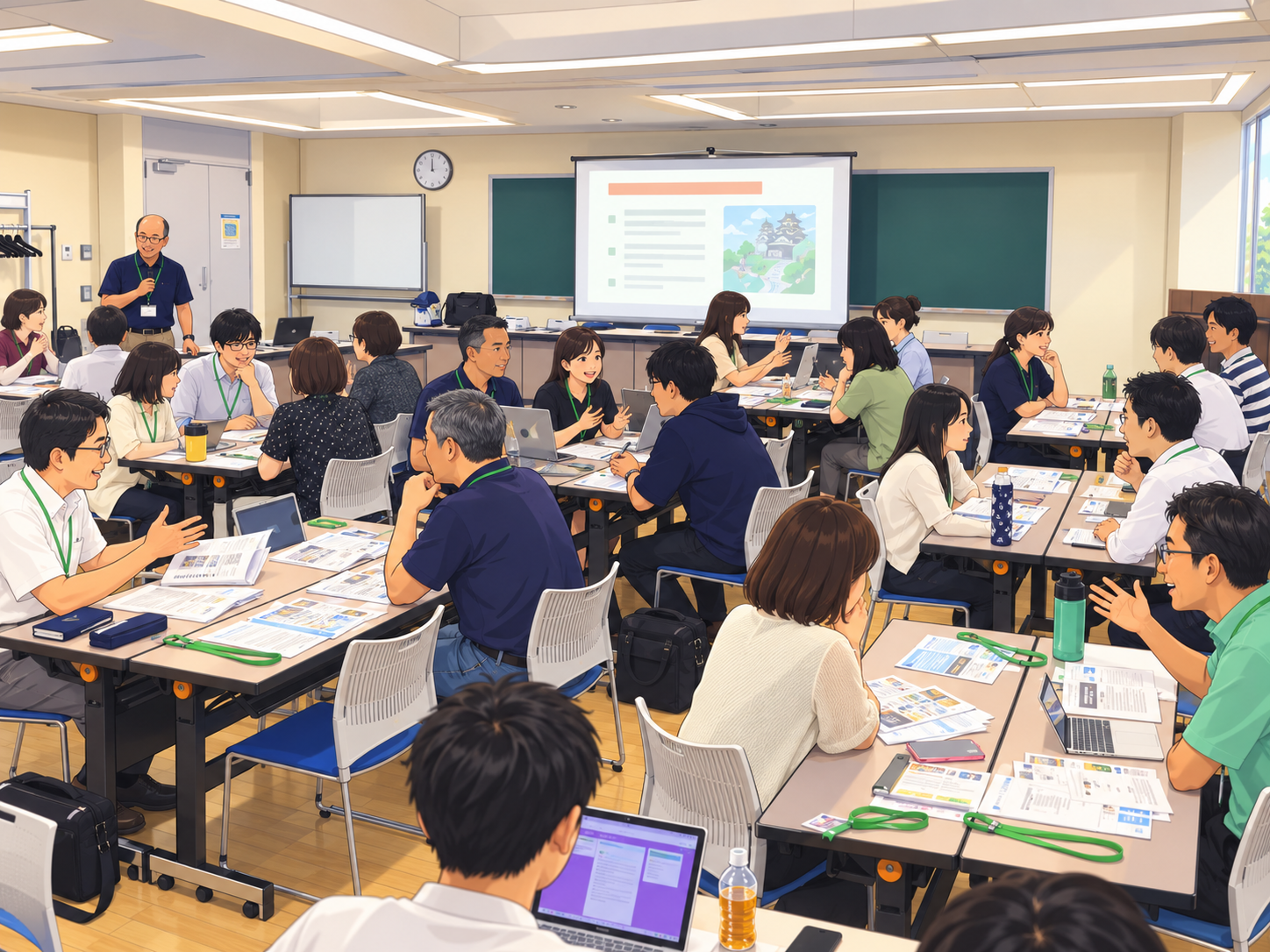 教材作成についてグループで体験・議論する会場の様子をイラスト化した画像